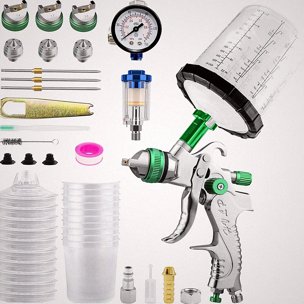 HVLP Air Spray Gun W/1.4/1.7/2mm Nozzles Air Compressor Regulator House Painting